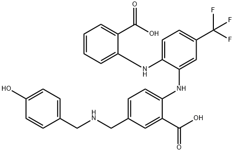 Benzoic  acid,  2-[[2-[(2-carboxyphenyl)amino]-5-(trifluoromethyl)phenyl]amino]-5-[[[(4-hydroxyphenyl)methyl]amino]methyl]- Struktur