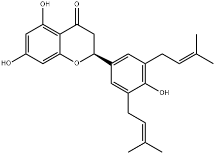 5,7-Dihydroxy-2-(4-hydroxy-3,5-bis(3-methyl-2-butenyl)phenyl)-2,3-dihy dro-4H-chromen-4-one Struktur