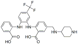 Benzoic  acid,  2-[[2-[(2-carboxyphenyl)amino]-5-(trifluoromethyl)phenyl]amino]-5-[(4-piperidinylamino)methyl]- Struktur