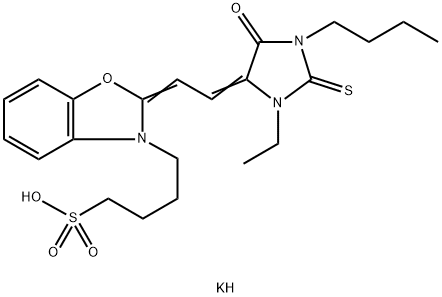 3-BUTYL-1-ETHYL-5-[2-(3-SULFOBUTYL-BENZO[1,3]OXAZOLIN-2-YLIDENE)-ETHYLIDENE]-2-THIOXO-IMIDAZOLIDIN-4-ONE POTASSIUM SALT Struktur