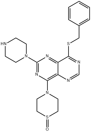 Pyrimido(5,4-d)pyrimidine, 8-((phenylmethyl)thio)-2-(1-piperazinyl)-4- (4-thiomorpholinyl)-, S-oxide Struktur