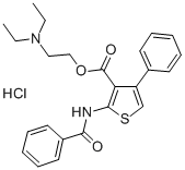 3-Thiophenecarboxylic acid, 2-(benzoylamino)-4-phenyl-, 2-(diethylamin o)ethyl ester, monohydrochloride Struktur