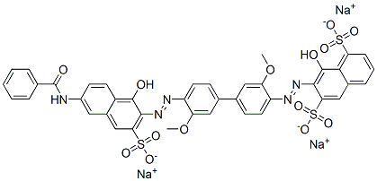 trisodium 7-[[4'-[[6-(benzoylamino)-1-hydroxy-3-sulphonato-2-naphthyl]azo]-3,3'-dimethoxy[1,1'-biphenyl]-4-yl]azo]-8-hydroxynaphthalene-1,6-disulphonate Struktur