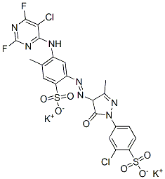 dipotassium 6-[(5-chloro-2,6-difluoro-4-pyrimidinyl)amino]-4-[[1-(3-chloro-4-sulphonatophenyl)-4,5-dihydro-3-methyl-5-oxo-1H-pyrazol-4-yl]azo]toluene-3-sulphonate Struktur