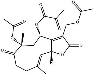 2-Methylpropenoic acid [(4S,6R,10E,11aR)-6-acetoxy-3-acetoxymethyl-2,4,5,6,7,8,9,11a-octahydro-6,10-dimethyl-2,7-dioxocyclodeca[b]furan-4-yl] ester Struktur