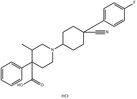 1-[4-cyano-4-(4-fluorophenyl)cyclohexyl]-3-methyl-4-phenylpiperidine-4-carboxylic acid monohydrochloride Struktur