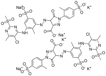 4-[[3-[[5-chloro-6-methyl-2-(methylsulphonyl)-4-pyrimidinyl]amino]-2-methyl-5-sulphophenyl]azo]-4,5-dihydro-1-(2-methyl-4-sulphophenyl)-5-oxo-1H-pyrazole-3-carboxylic acid, potassium sodium salt Struktur