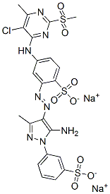 2-[[5-amino-3-methyl-1-(3-sulphophenyl)-1H-pyrazol-4-yl]azo]-4-[[5-chloro-6-methyl-2-(methylsulphonyl)-4-pyrimidinyl]amino]benzenesulphonic acid, sodium salt Struktur