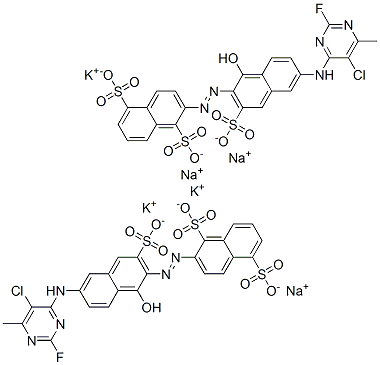 2-[[6-[(5-chloro-2-fluoro-6-methylpyrimidin-4-yl)amino]-1-hydroxy-3-sulpho-2-naphthyl]azo]naphthalene-1,5-disulphonic acid, potassium sodium salt Struktur