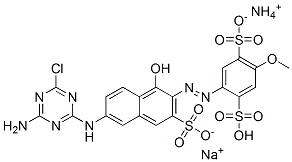 ammonium sodium hydrogen -2-[[6-[(4-amino-6-chloro-1,3,5-triazin-2-yl)amino]-1-hydroxy-3-sulphonato-2-naphthyl]azo]-5-methoxybenzene-1,4-disulphonate  Struktur