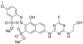 7-[[4-fluoro-6-[(2-hydroxyethyl)amino]-1,3,5-triazin-2-yl]amino]-4-hydroxy-3-[(4-methoxy-2-sulphophenyl)azo]naphthalene-2-sulphonic acid, sodium salt Struktur