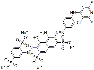 4-amino-3-[[4-[(5-chloro-2,6-difluoro-4-pyrimidinyl)amino]phenyl]azo]-6-[(2,5-disulphophenyl)azo]-5-hydroxynaphthalene-2,7-disulphonic acid, potassium sodium salt Struktur