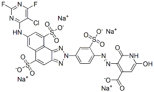 3-[[4-[7-[(5-chloro-2,6-difluoro-4-pyrimidinyl)amino]-5,9-disulpho-2H-naphtho[1,2-d]triazol-2-yl]-2-sulphophenyl]azo]-1,2-dihydro-6-hydroxy-2-oxoisonicotinic acid, sodium salt Struktur