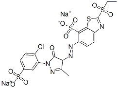 disodium 6-[[1-(2-chloro-5-sulphonatophenyl)-4,5-dihydro-3-methyl-5-oxo-1H-pyrazol-4-yl]azo]-2-(ethylsulphonyl)benzothiazole-7-sulphonate Struktur