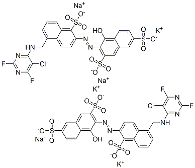 3-[[5-[[(5-chloro-2,6-difluoro-4-pyrimidinyl)amino]methyl]-1-sulpho-2-naphthyl]azo]-4-hydroxynaphthalene-2,7-disulphonic acid, potassium sodium salt Struktur