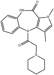 Pyrrolo(3,2-b)(1,5)benzodiazepin-10(1H)-one, 4,9-dihydro-1,3-dimethyl- 4-(1-piperidinylacetyl)- Struktur