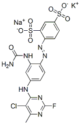 potassium sodium 4-[[2-[(aminocarbonyl)amino]-4-[(5-chloro-2-fluoro-6-methyl-4-pyrimidyl)amino]phenyl]azo]benzene-1,3-disulphonate Struktur