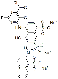 4-[[5-chloro-6-(dichloromethyl)-2-fluoro-4-pyrimidinyl]amino]-5-hydroxy-6-[(1-sulpho-2-naphthyl)azo]naphthalene-1,7-disulphonic acid, sodium salt Struktur