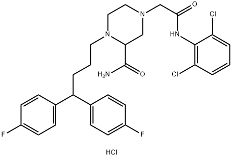 4-[4,4-bis(4-fluorophenyl)butyl]-3-carbamoyl-N-(2,6-dichlorophenyl)piperazine-1-acetamide dihydrochloride         Struktur