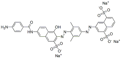 3-[[4-[[6-[(4-aminobenzoyl)amino]-1-hydroxy-3-sulpho-2-naphthyl]azo]-3,5-dimethylphenyl]azo]naphthalene-1,5-disulphonic acid, sodium salt Struktur