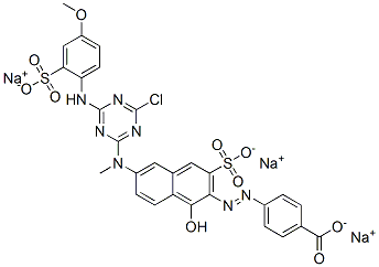 trisodium 4-[[6-[[4-chloro-6-[(4-methoxy-2-sulphonatophenyl)amino]-1,3,5-triazin-2-yl]methylamino]-1-hydroxy-3-sulphonato-2-naphthyl]azo]benzoate Struktur