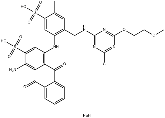 disodium 1-amino-4-[[2-[[[4-chloro-6-(2-methoxyethoxy)-1,3,5-triazin-2-yl]amino]methyl]-4-methyl-5-sulphonatophenyl]amino]-9,10-dihydro-9,10-dioxoanthracene-2-sulphonate Struktur