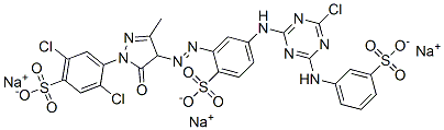 4-[[4-chloro-6-[(3-sulphophenyl)amino]-1,3,5-triazin-2-yl]amino]-2-[[1-(2,5-dichloro-4-sulphophenyl)-4,5-dihydro-3-methyl-5-oxo-1H-pyrazol-4-yl]azo]benzenesulphonic acid, sodium salt  Struktur