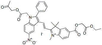 5-[(2-ethoxy-2-oxoethoxy)carbonyl]-1,3,3-trimethyl-2-[2-[5-nitro-1-[2-oxo-2-(2-oxopropoxy)ethyl]-2-phenyl-1H-indol-3-yl]vinyl]-3H-indolium iodide Struktur