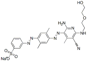 sodium m-[[4-[[2-amino-5-cyano-6-[[2-(2-hydroxyethoxy)ethyl]amino]-4-methyl-3-pyridyl]azo]-2,5-xylyl]azo]benzenesulphonate Struktur