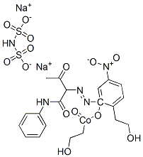 Cobaltate(3-), bis[2-hydroxy-5-nitro-3-[[2-oxo-1-[(phenylamino)carbonyl]propyl]azo]benzenesulfonato(3-)]-, diethanolamine sodium salts Struktur