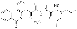 Benzeneacetic acid, 2-(benzoylamino)-alpha-oxo-, 2-((dipropylamino)ace tyl)hydrazide, HCl, H2O Struktur