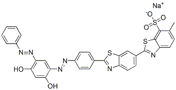 sodium 2'-[4-[[2,4-dihydroxy-5-(phenylazo)phenyl]azo]phenyl]-6-methyl[2,6'-bibenzothiazole]-7-sulphonate Struktur