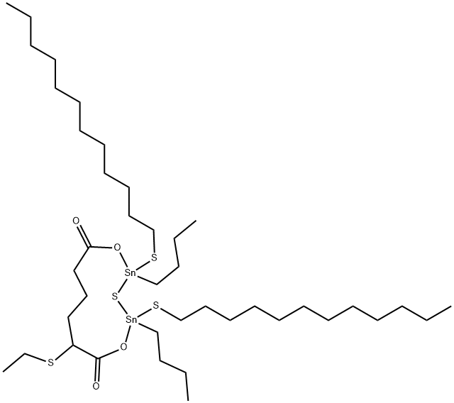 2,4-dibutyl-2,4-bis(dodecylthio)-7-(ethylthio)-1,5-dioxa-3-thia-2,4-distannacycloundecane-6,11-dione Struktur