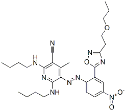 2,6-bis(butylamino)-4-methyl-5-[[4-nitro-2-[3-(2-propoxyethyl)-1,2,4-oxadiazol-5-yl]phenyl]azo]nicotinonitrile  Struktur