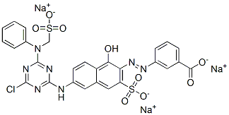 trisodium 3-[[6-[[4-chloro-6-[phenyl(sulphonatomethyl)amino]-1,3,5-triazin-2-yl]amino]-1-hydroxy-3-sulphonato-2-naphthyl]azo]benzoate Struktur