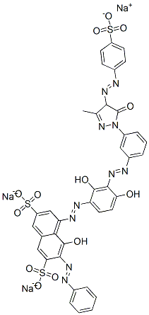 trisodium 4-[[3-[[3-[4,5-dihydro-3-methyl-5-oxo-4-[(4-sulphonatophenyl)azo]-1H-pyrazol-1-yl]phenyl]azo]-2,4-dihydroxyphenyl]azo]-5-hydroxy-6-(phenylazo)naphthalene-2,7-disulphonate Struktur