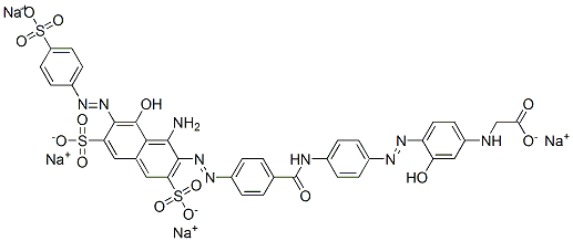 tetrasodium N-[4-[[4-[[4-[[1-amino-8-hydroxy-3,6-disulphonato-7-[(4-sulphonatophenyl)azo]-2-naphthyl]azo]benzoyl]amino]phenyl]azo]-3-hydroxyphenyl]glycinate  Struktur