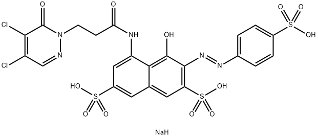 trisodium 4-[[3-(4,5-dichloro-6-oxo-6H-pyridazin-1-yl)propionyl]amino]-5-hydroxy-6-[(4-sulphonatophenyl)azo]naphthalene-2,7-disulphonate Struktur