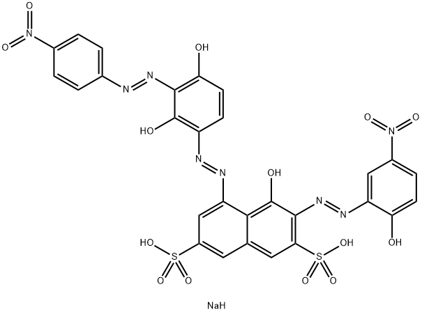 disodium 5-[[2,4-dihydroxy-3-[(4-nitrophenyl)azo]phenyl]azo]-4-hydroxy-3-[(2-hydroxy-5-nitrophenyl)azo]naphthalene-2,7-disulphonate Struktur