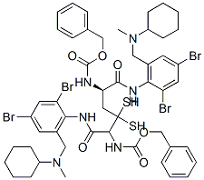 benzyl N-[(1R)-1-[[2,4-dibromo-6-[(cyclohexyl-methyl-amino)methyl]phenyl]carbamoyl]-2-[(2R)-2-[[2,4-dibromo-6-[(cyclohexyl-methyl-amino)methyl]phenyl]carbamoyl]-2-phenylmethoxycarbonylamino-ethyl]disulfanyl-ethyl]carbamate Struktur