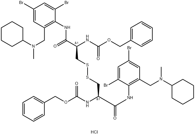 2-Oxa-7,8-dithia-4,11-diazadodecan-12-oic acid, 5,10-bis(((2,4-dibromo -6-((cyclohexylmethylamino)methyl)phenyl)amino)carbonyl)-3-oxo-1-pheny l-, phenylmethyl ester, dihydrochloride, (R-(R*,R*))- Struktur