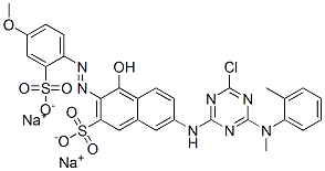 2-Naphthalenesulfonic acid, 7-[[4-chloro-6-[methyl(2- methylphenyl)amino]-1,3,5-triazin-2-yl]amino]-4-hydroxy -3-[(4-methoxy-2-sulfophenyl)azo]-, disodium salt Struktur