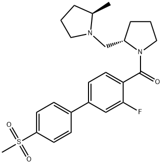 (3-fluoro-4'-(Methylsulfonyl)-[1,1'-biphenyl]-4-yl)((S)-2-(((R)-2-Methylpyrrolidin-1-yl)Methyl)pyrrolidin-1-yl)Methanone hydrochloride Struktur