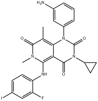 Pyrido[4,3-d]pyrimidine-2,4,7(1H,3H,6H)-trione, 1-(3-aminophenyl)-3-cyclopropyl-5-[(2-fluoro-4-iodophenyl)amino]-6,8-dimethyl- Struktur