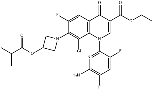 3-Quinolinecarboxylic acid, 1-(6-amino-3,5-difluoro-2-pyridinyl)-8-chloro-6-fluoro-1,4-dihydro-7-[3-(2-methyl-1-oxopropoxy)-1-azetidinyl]-4-oxo-, ethyl ester Struktur