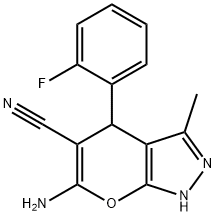 6-amino-4-(2-fluorophenyl)-3-methyl-1,4-dihydropyrano[2,3-c]pyrazole-5-carbonitrile Struktur