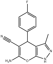 6-amino-4-(4-fluorophenyl)-3-methyl-1,4-dihydropyrano[2,3-c]pyrazole-5-carbonitrile Struktur