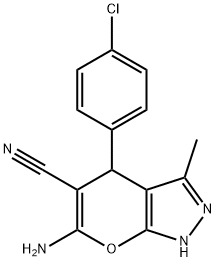 6-amino-4-(4-chlorophenyl)-3-methyl-1,4-dihydropyrano[2,3-c]pyrazole-5-carbonitrile Struktur