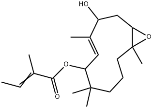 2-Methyl-2-butenoic acid 3-hydroxy-4,7,7,11-tetramethyl-12-oxabicyclo[9.1.0]dodec-4-en-6-yl ester Struktur