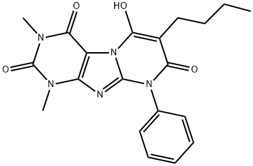 Pyrimido[2,1-f]purine-2,4,8(1H,3H,9H)-trione,  7-butyl-6-hydroxy-1,3-dimethyl-9-phenyl- Struktur